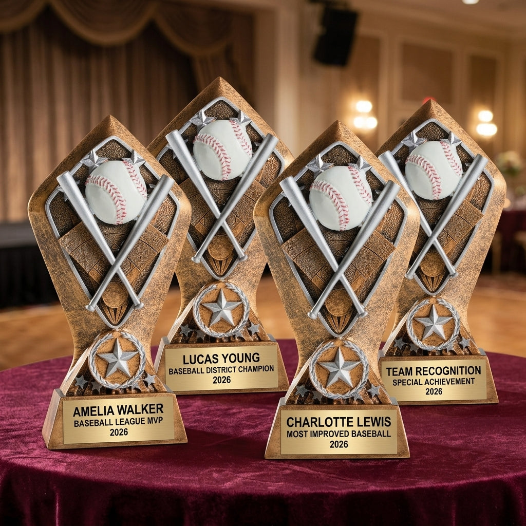 Customer reviews for Wood Unlimited personalized baseball trophies with 5-star ratings and trust badges