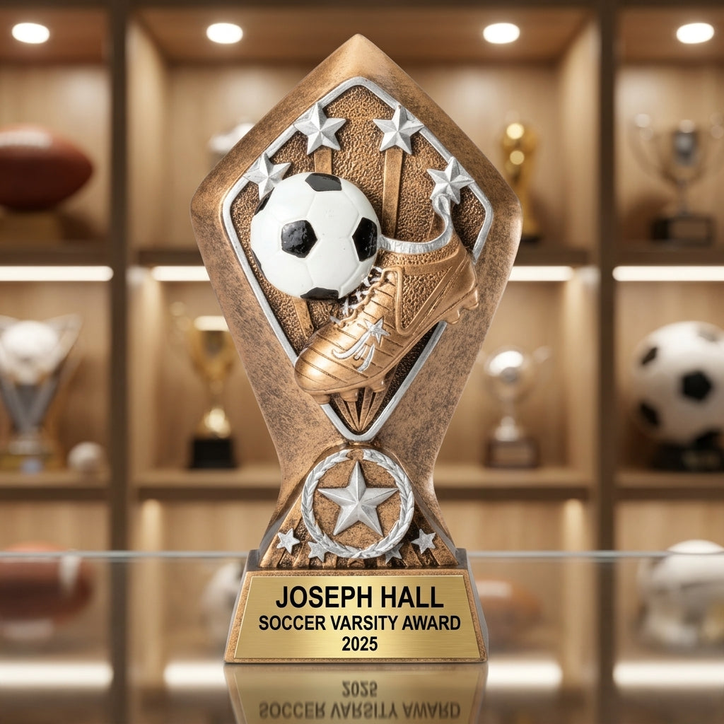 Personalized 6½-inch soccer trophy with custom laser-engraved gold nameplate on weighted base for awards and recognition