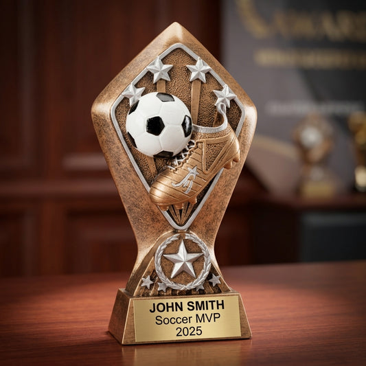 Soccer trophy specifications showing 6½-inch height, gold finish, resin construction, and personalization options