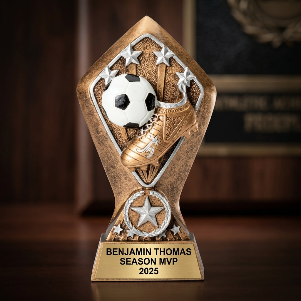 Soccer trophy banquet display with multiple personalized awards featuring custom laser engraving