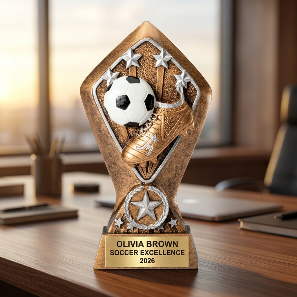 Close-up of laser-engraved gold nameplate on personalized soccer trophy showing custom name, achievement, and year