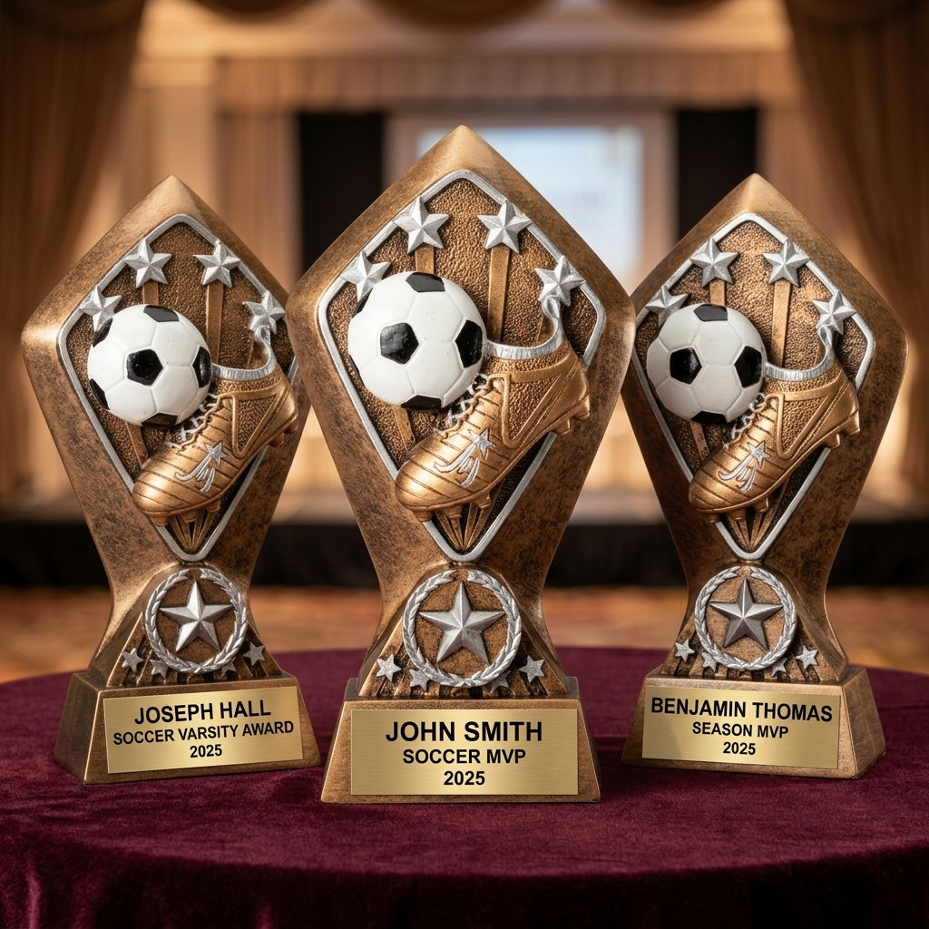 Customer reviews for Wood Unlimited personalized soccer trophies with 5-star ratings and trust badges