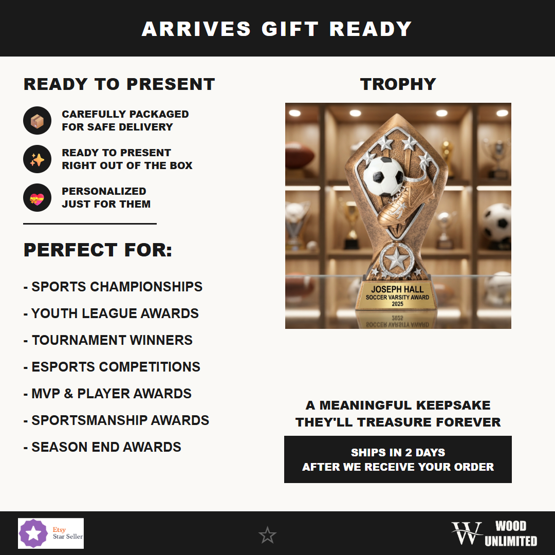 Personalized soccer trophy ideal for tournament champions, MVP recognition, and school athletics