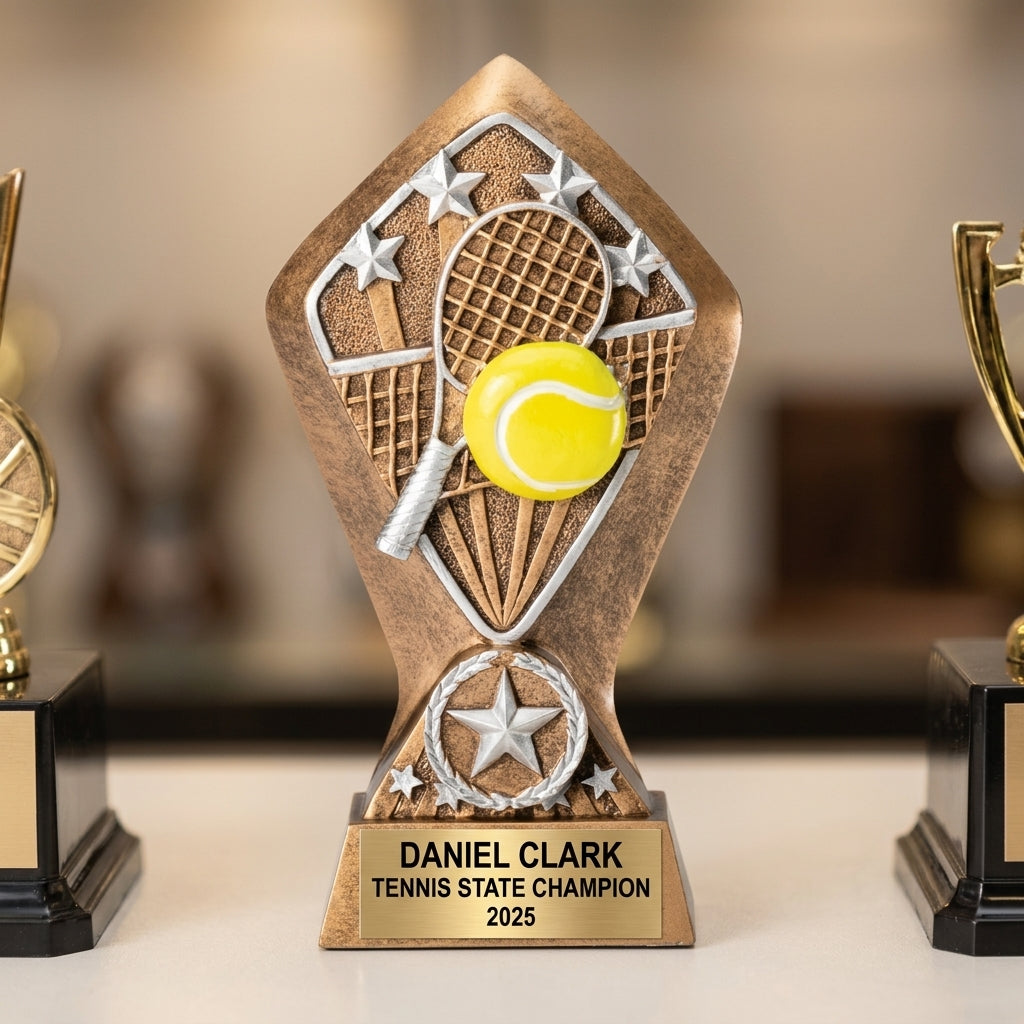 Personalized 6½-inch tennis trophy with custom laser-engraved gold nameplate on weighted base for awards and recognition
