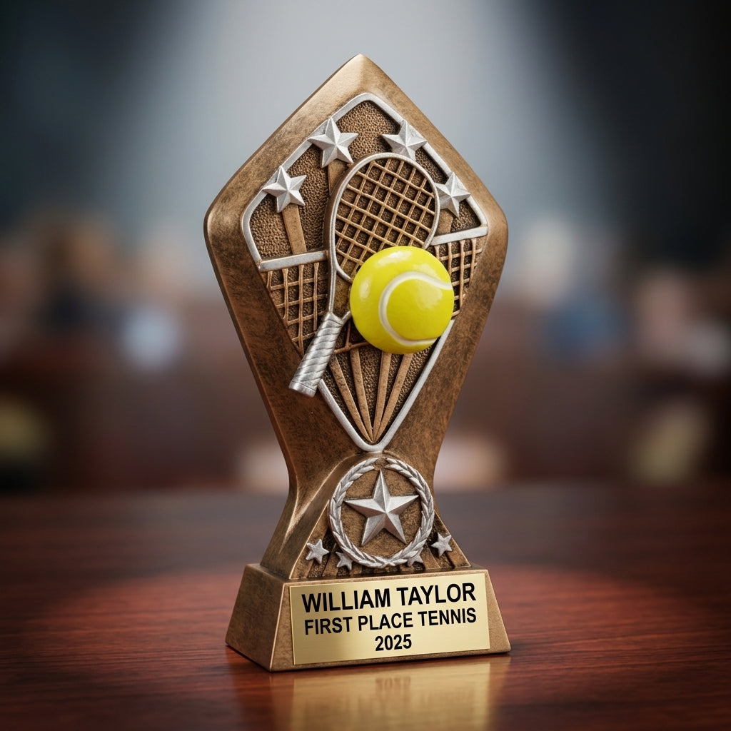 Tennis trophy specifications showing 6½-inch height, gold finish, resin construction, and personalization options