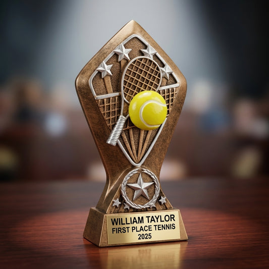 Tennis trophy specifications showing 6½-inch height, gold finish, resin construction, and personalization options