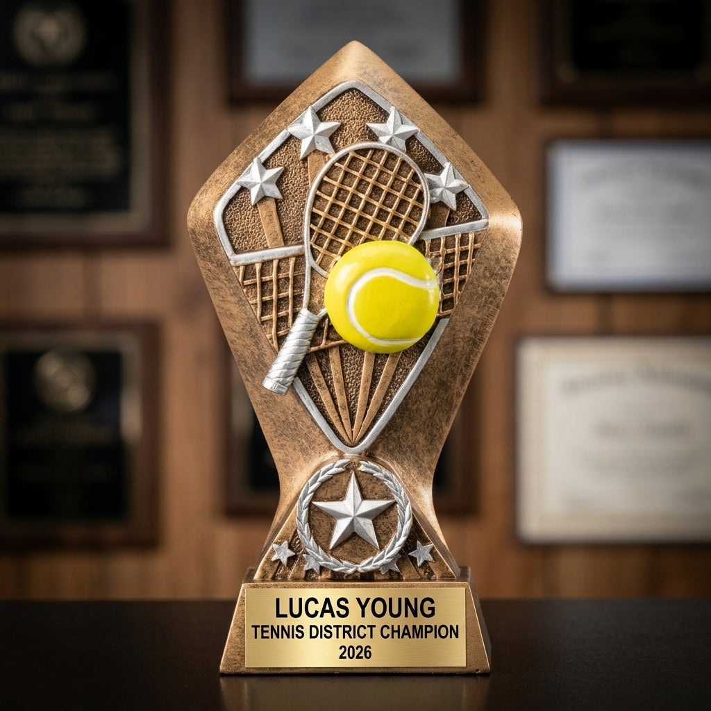 Tennis trophy banquet display with multiple personalized awards featuring custom laser engraving