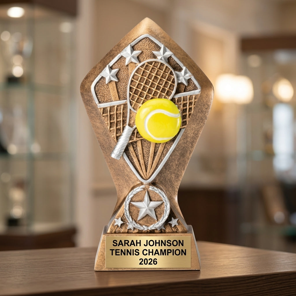 How to order a personalized tennis trophy in 3 easy steps with custom name, team, and year engraving
