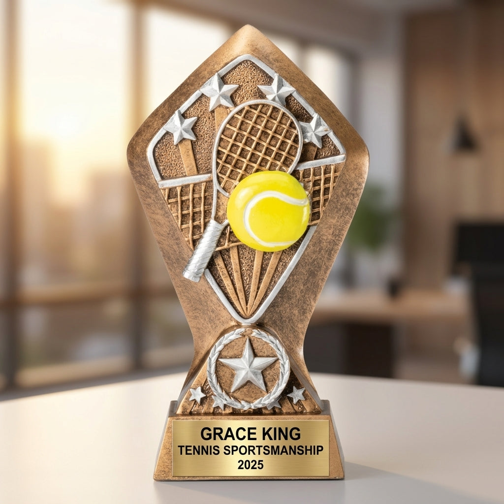 Close-up of laser-engraved gold nameplate on personalized tennis trophy showing custom name, achievement, and year