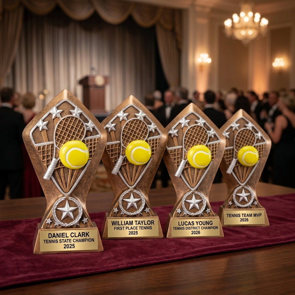 Customer reviews for Wood Unlimited personalized tennis trophies with 5-star ratings and trust badges