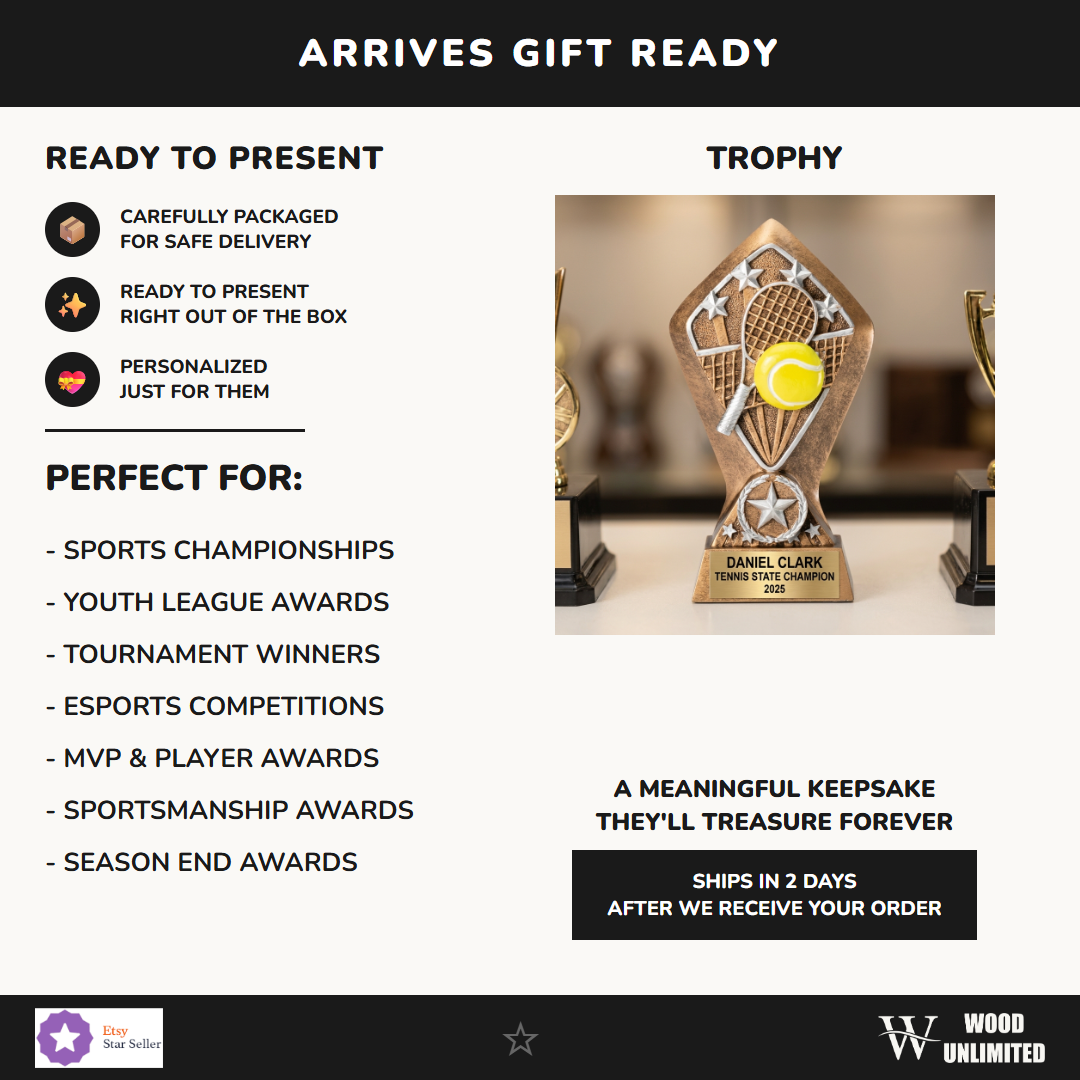 Personalized tennis trophy ideal for tournament champions, MVP recognition, and school athletics