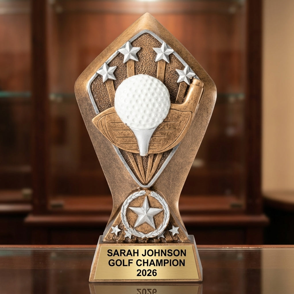 Personalized 6½-inch golf trophy with custom laser-engraved gold nameplate on weighted base for awards and recognition
