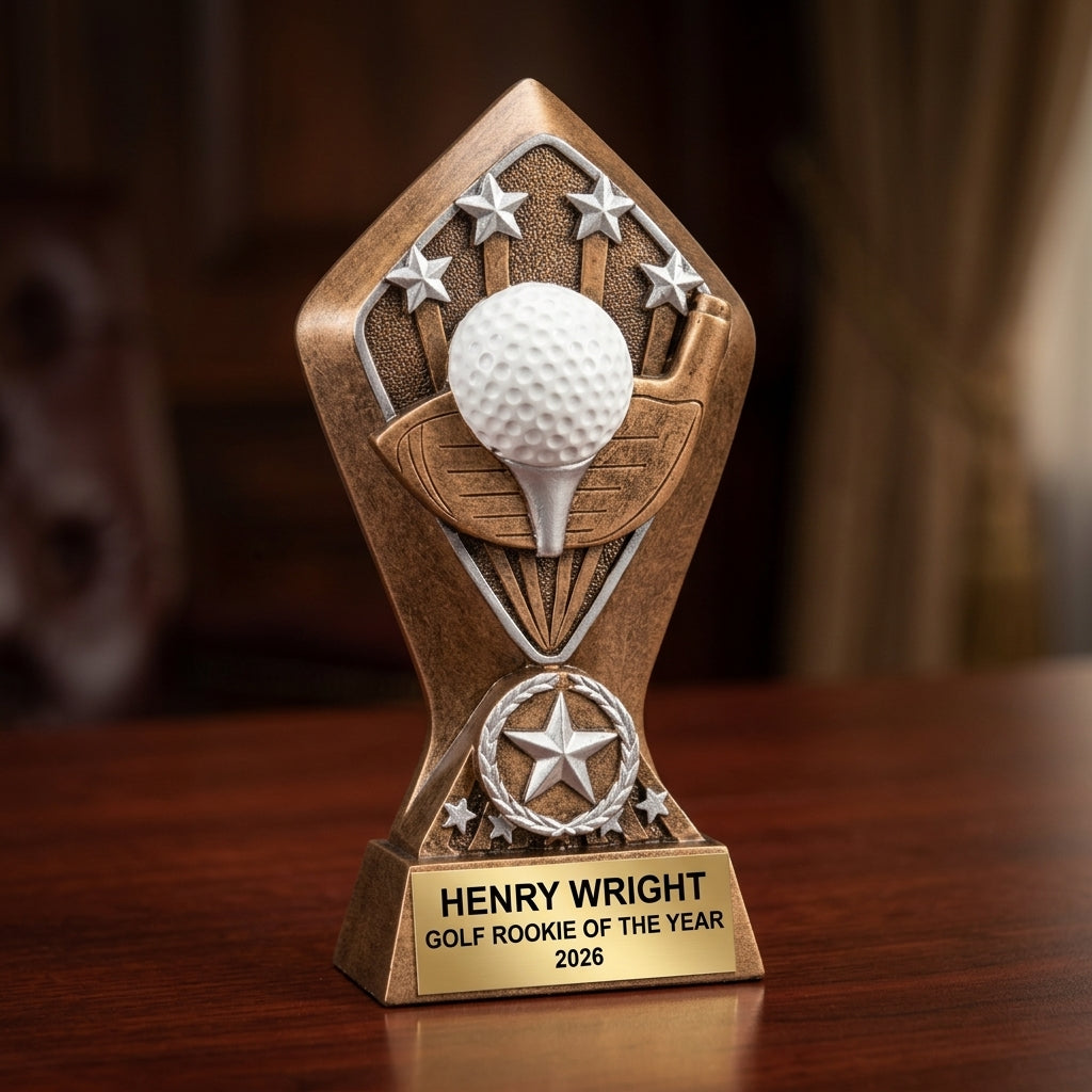 Golf trophy specifications showing 6½-inch height, gold finish, resin construction, and personalization options