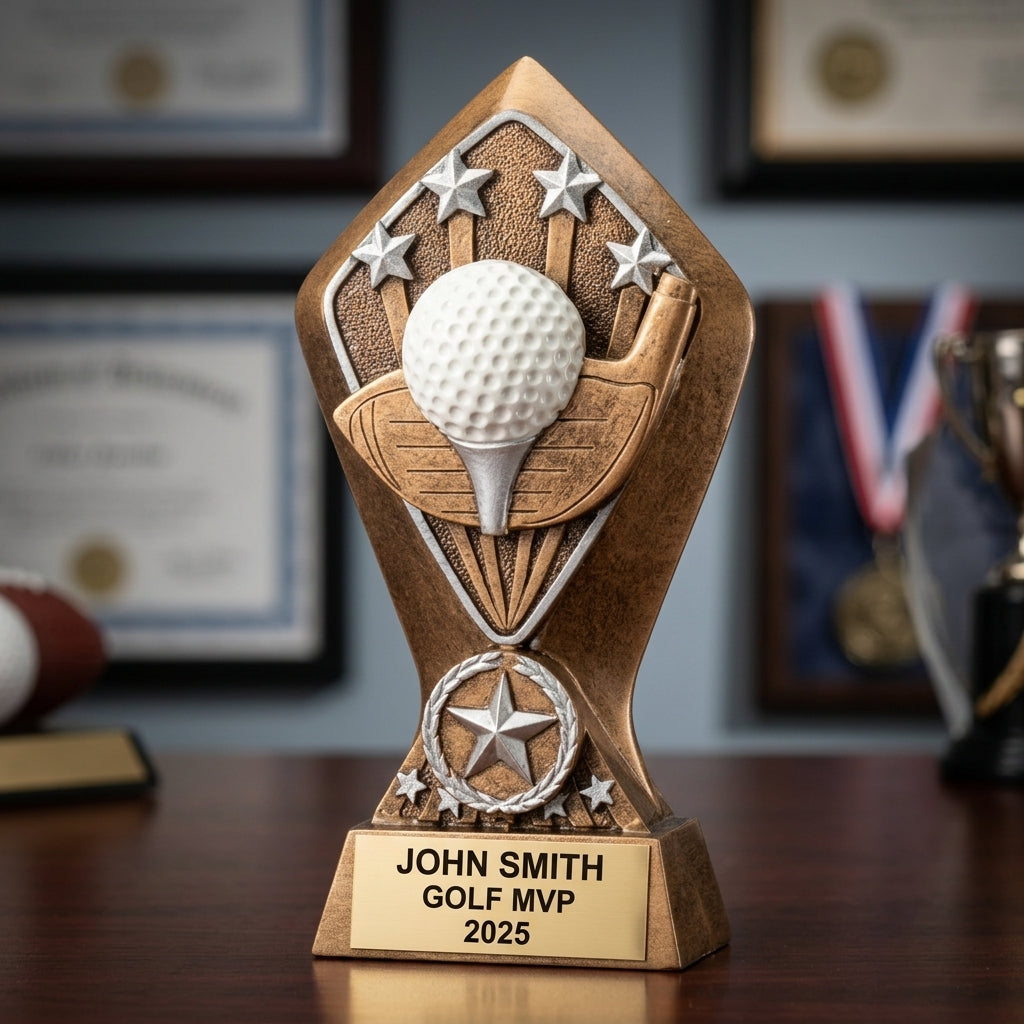 Golf trophy banquet display with multiple personalized awards featuring custom laser engraving