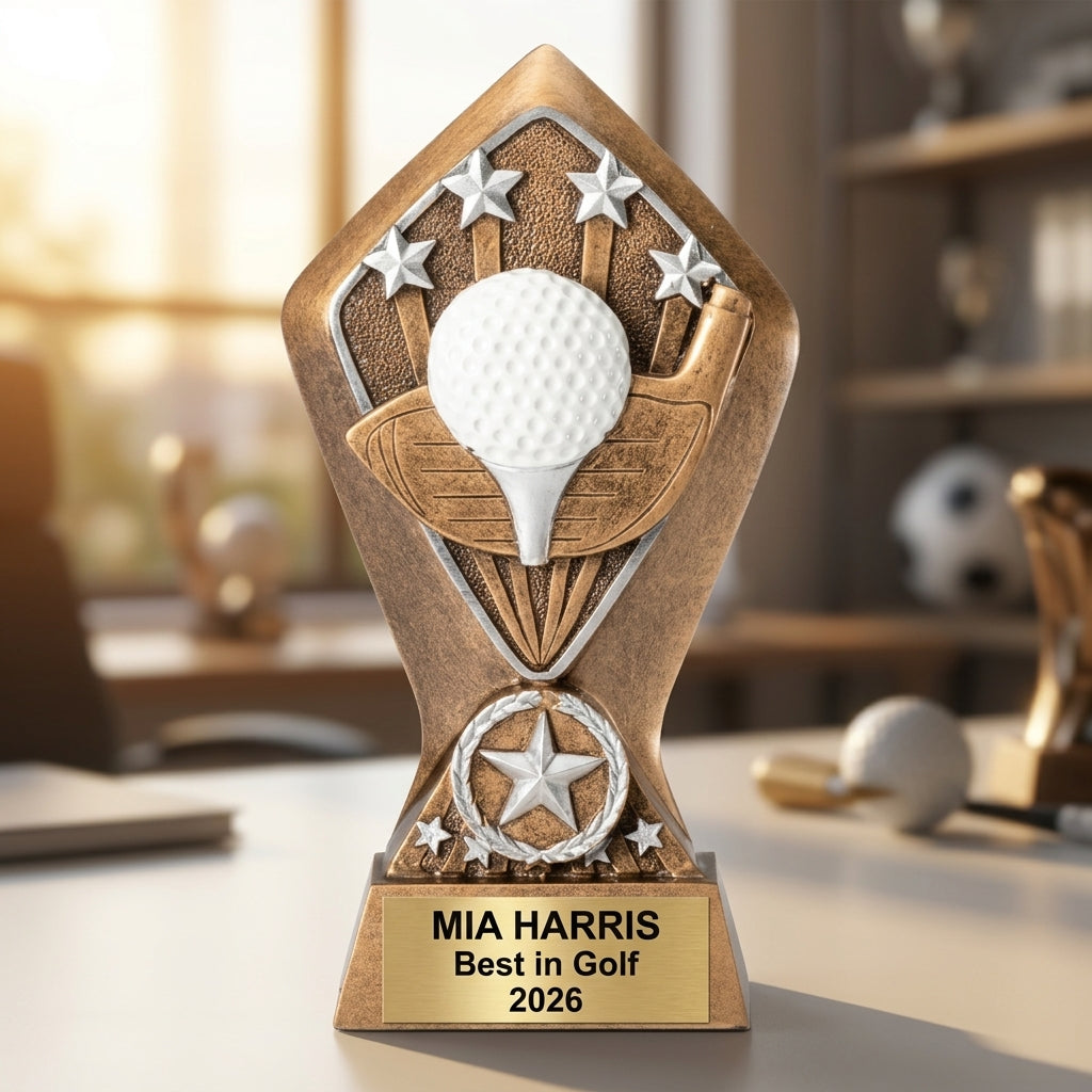Close-up of laser-engraved gold nameplate on personalized golf trophy showing custom name, achievement, and year