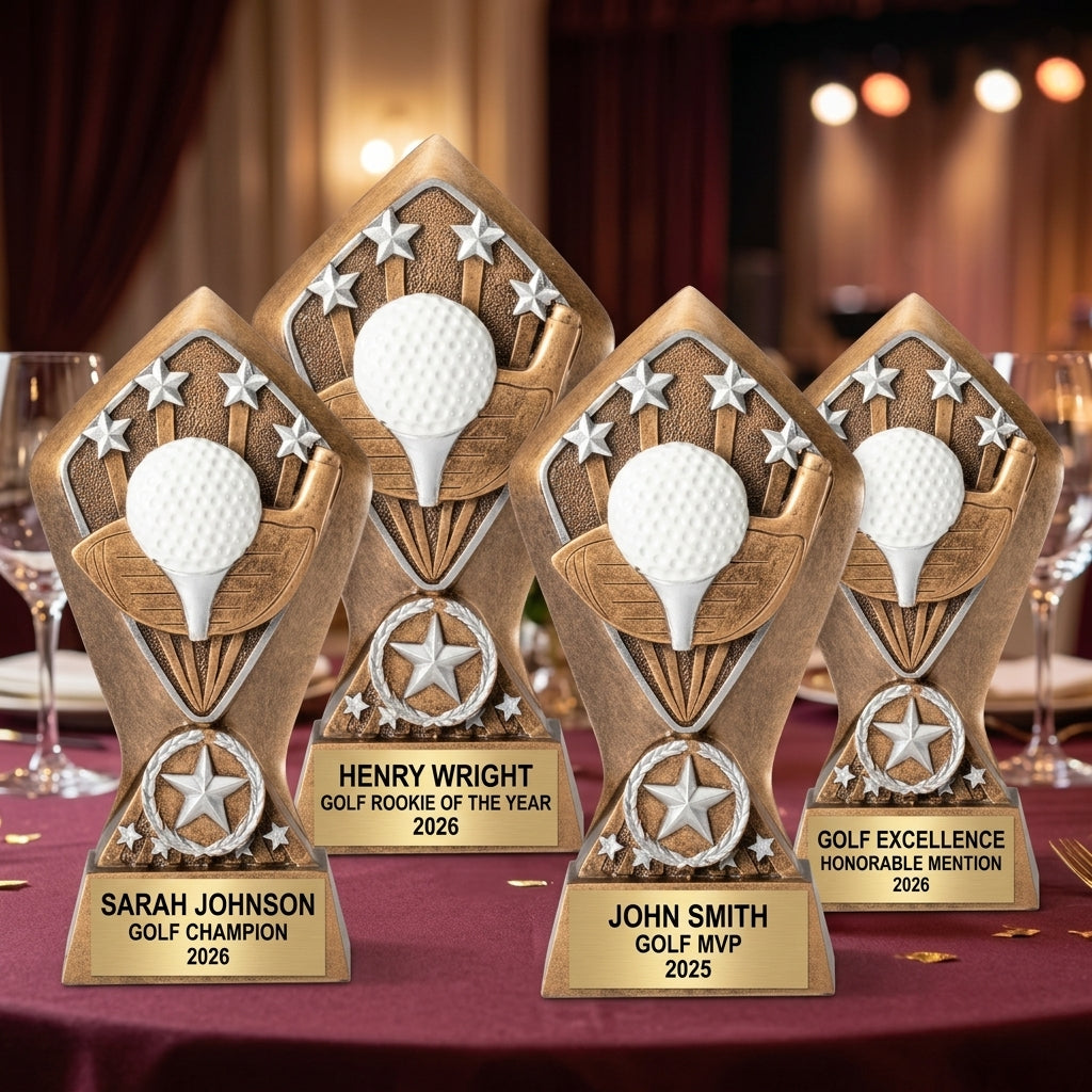 Customer reviews for Wood Unlimited personalized golf trophies with 5-star ratings and trust badges
