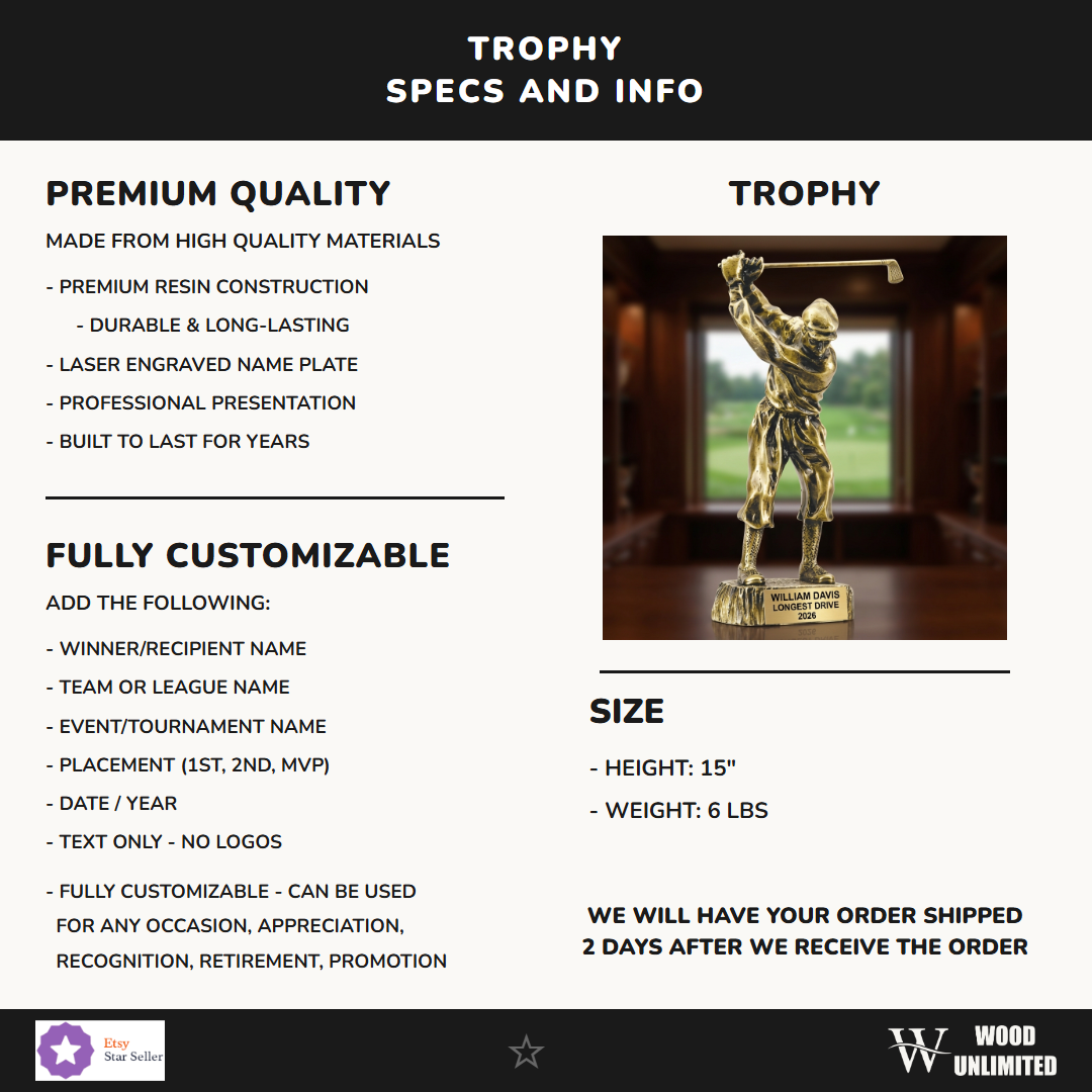 Golf Gold Resin Trophy 15"