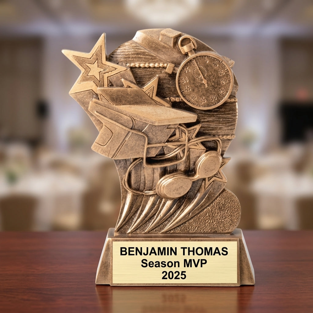 Swimming trophy specifications showing 6-inch height, gold finish, resin construction, and personalization options