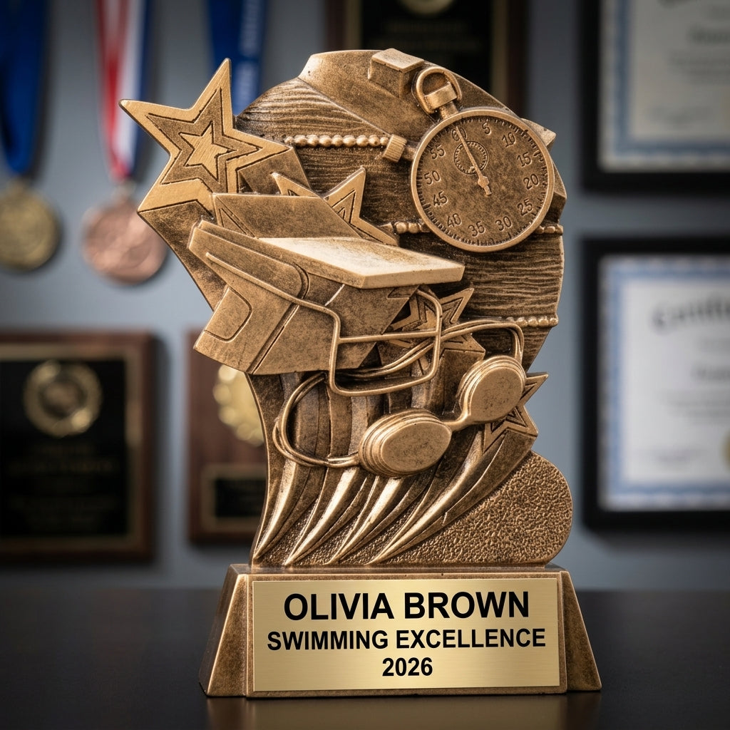 Swimming trophy banquet display with multiple personalized awards featuring custom laser engraving