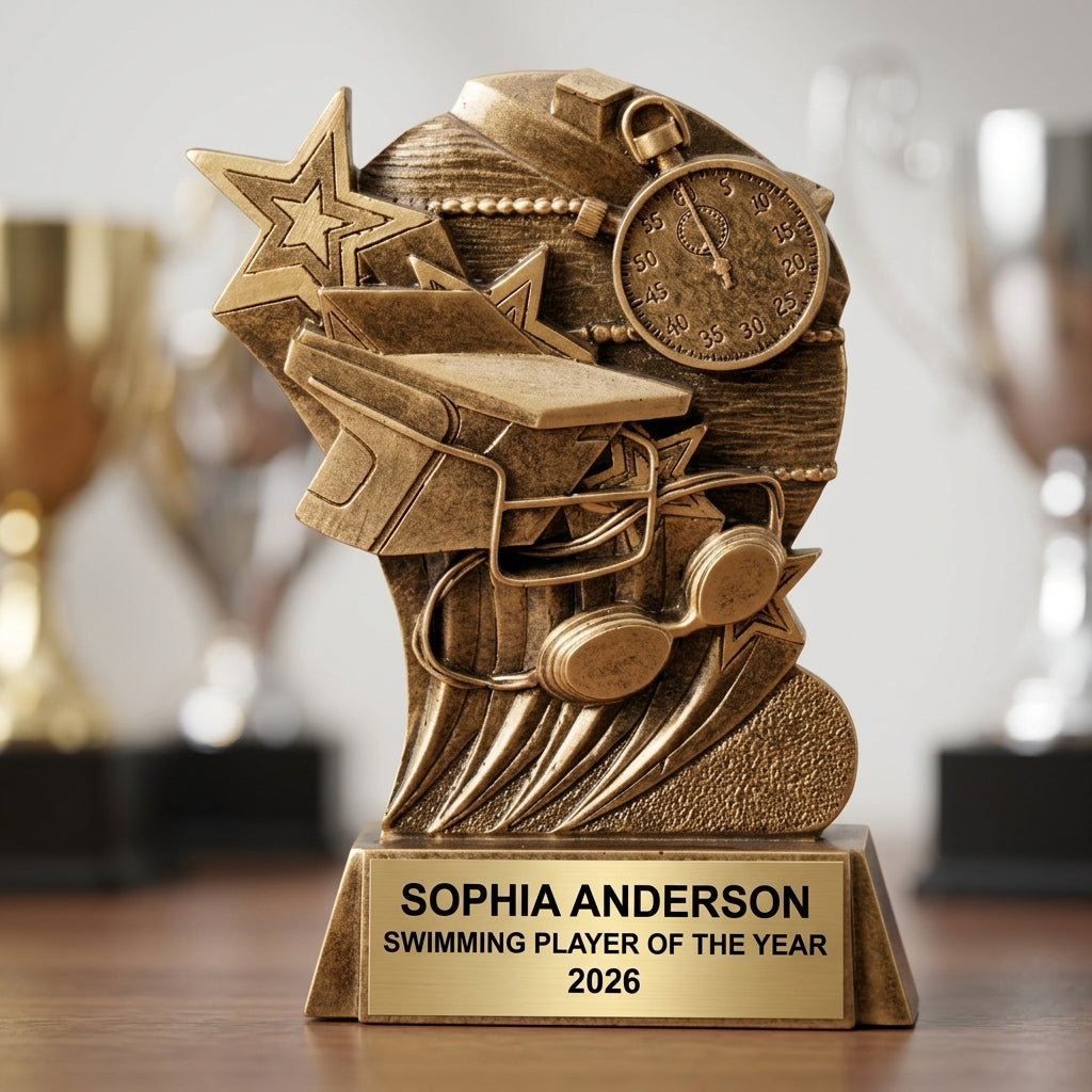 How to order a personalized swimming trophy in 3 easy steps with custom name, team, and year engraving