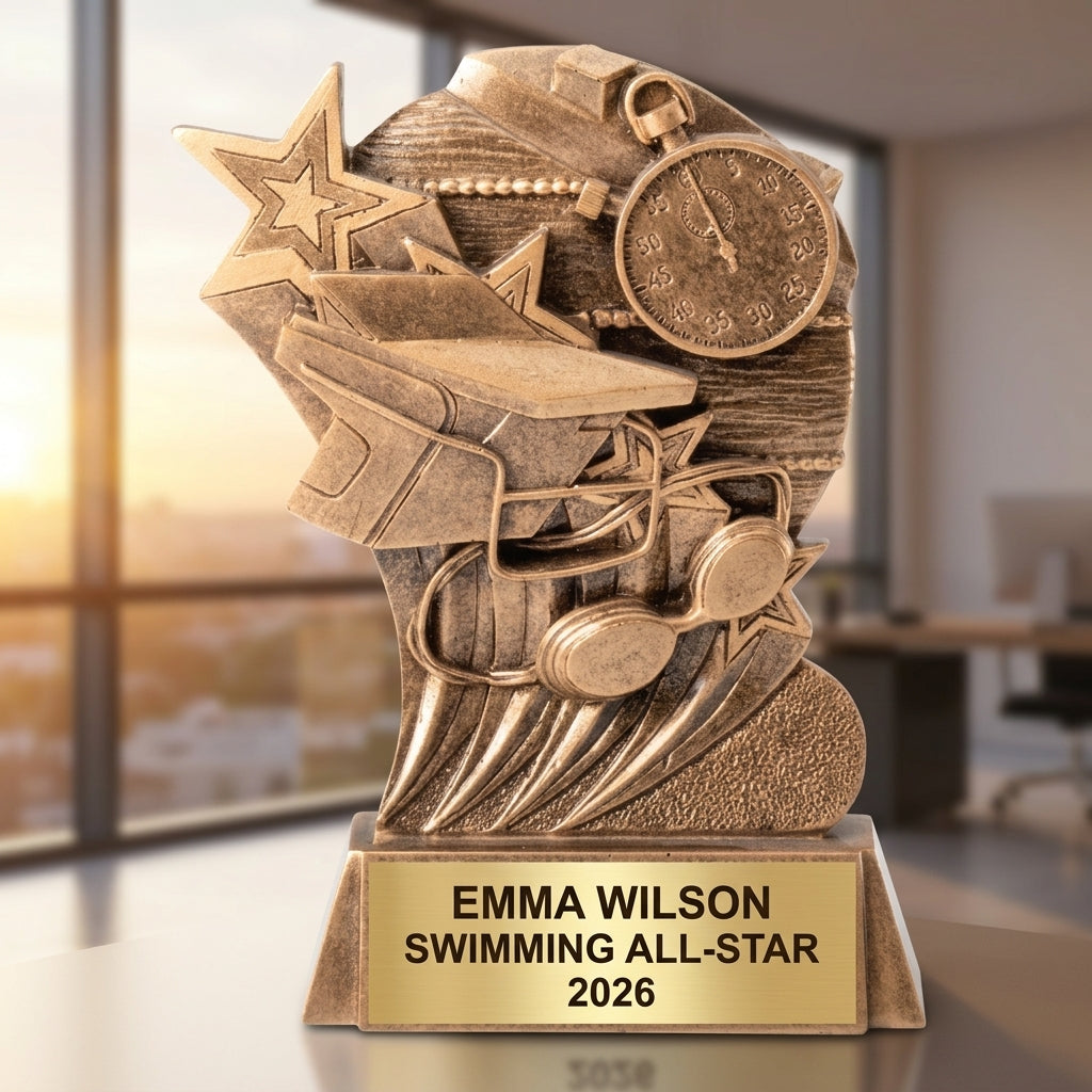 Close-up of laser-engraved gold nameplate on personalized swimming trophy showing custom name, achievement, and year