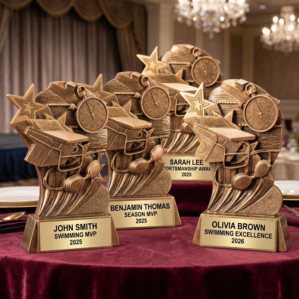 Customer reviews for Wood Unlimited personalized swimming trophies with 5-star ratings and trust badges