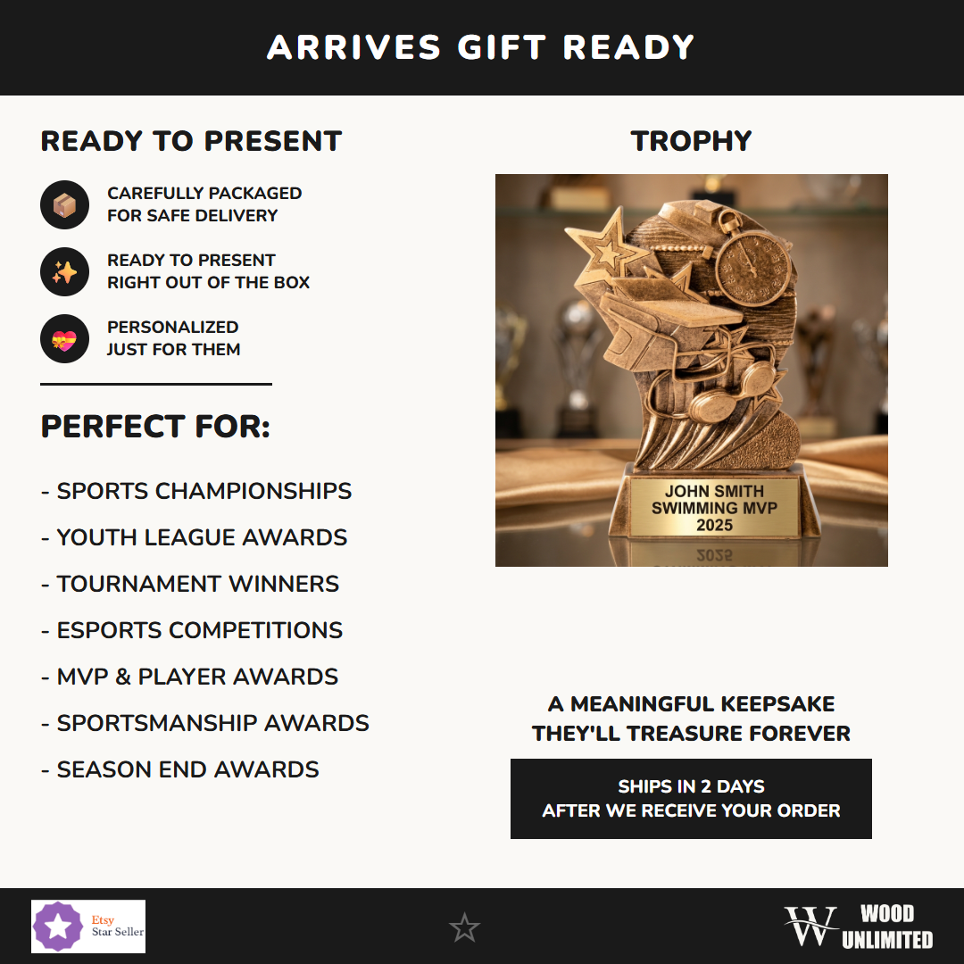 Personalized swimming trophy ideal for tournament champions, MVP recognition, and school athletics