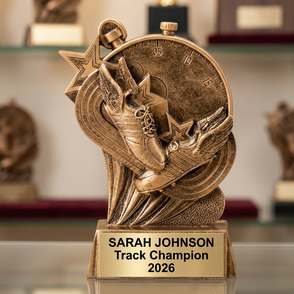 Personalized 6-inch track trophy with custom laser-engraved gold nameplate on weighted base for awards and recognition