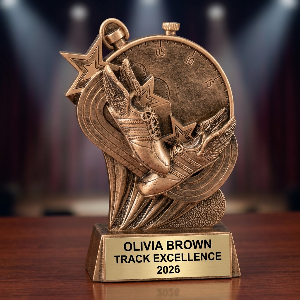 Track trophy specifications showing 6-inch height, gold finish, resin construction, and personalization options
