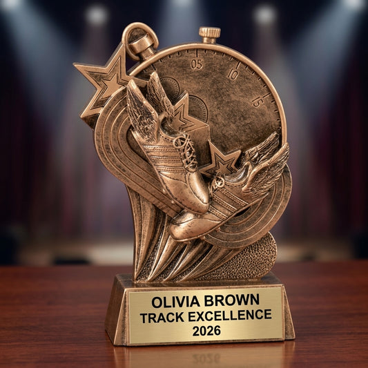 Track trophy specifications showing 6-inch height, gold finish, resin construction, and personalization options