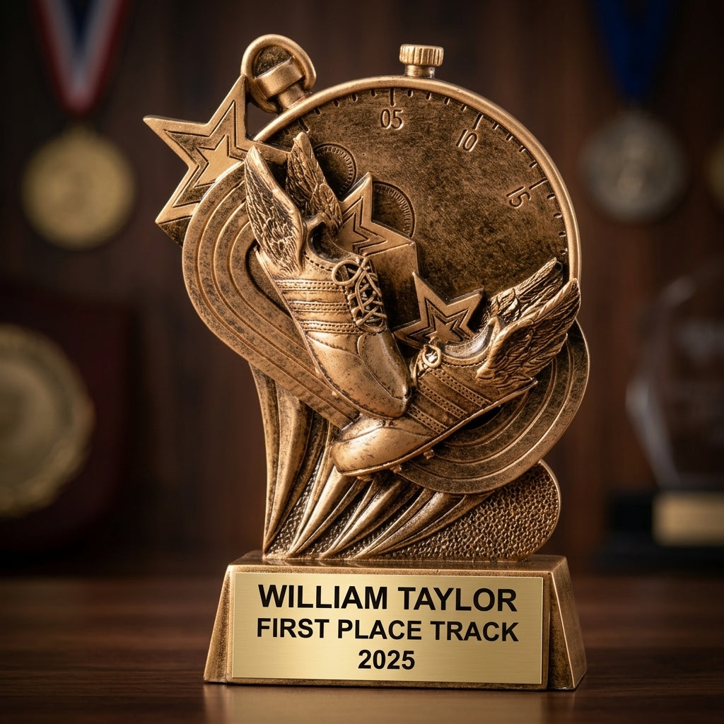 Track trophy banquet display with multiple personalized awards featuring custom laser engraving