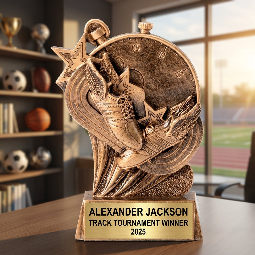 Close-up of laser-engraved gold nameplate on personalized track trophy showing custom name, achievement, and year