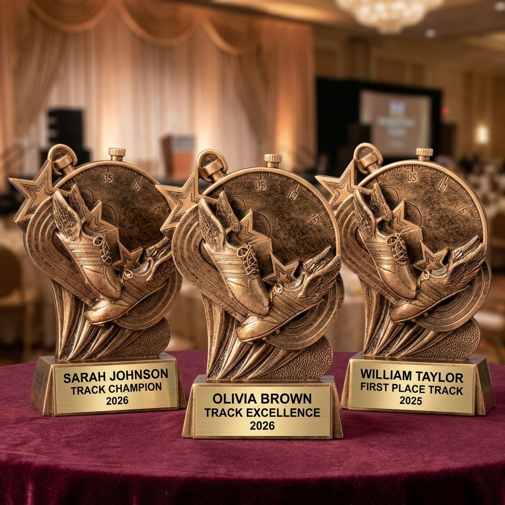 Customer reviews for Wood Unlimited personalized track trophies with 5-star ratings and trust badges