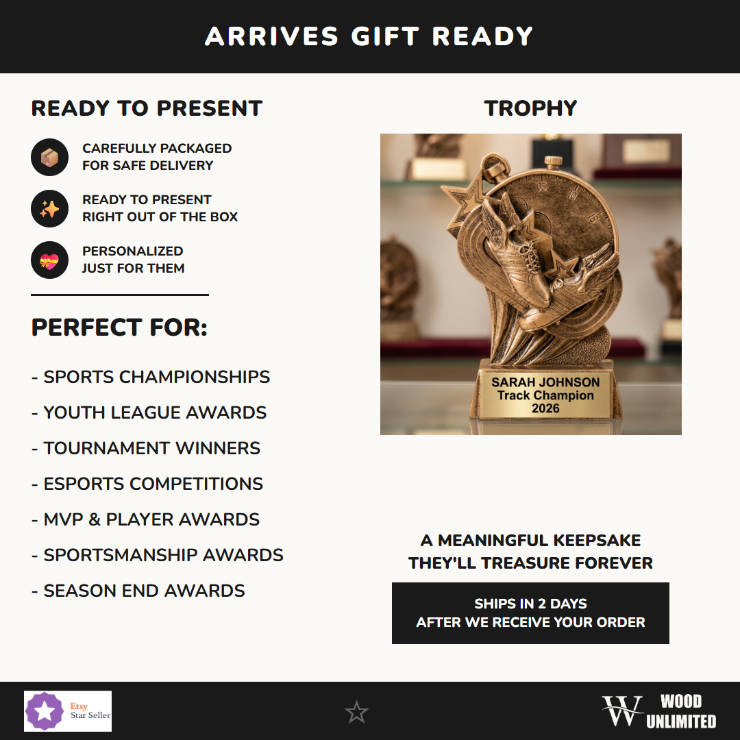 Personalized track trophy ideal for tournament champions, MVP recognition, and school athletics