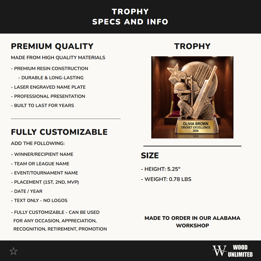 Cricket Trophy Award | Personalized | Custom Engraved | Cricket MVP | League Champion | Tournament Award | Gold Name Plate