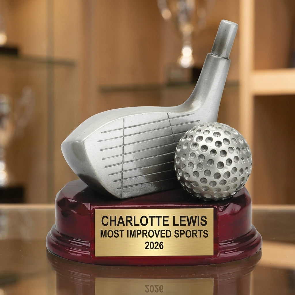 Personalized trophy with custom engraved name plate - Wood Unlimited