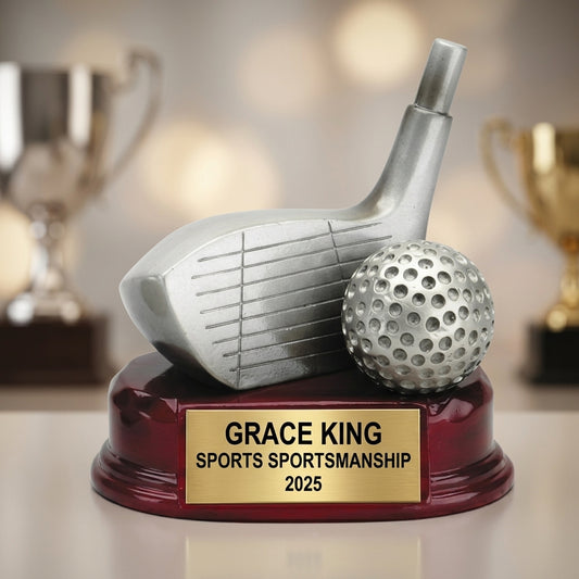 Personalized trophy with custom engraved name plate - Wood Unlimited