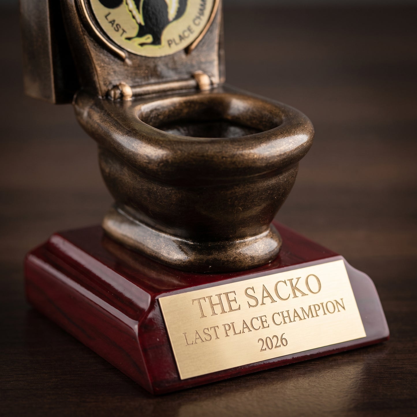 Personalized Fantasy Football Last Place Trophy - close up of laser engraved gold name plate