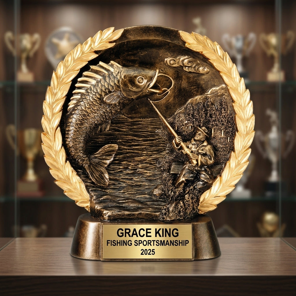Fishing Trophy Award | Personalized | Custom Engraved | Fishing MVP | Gold Name Plate | Wood Unlimited - View 1
