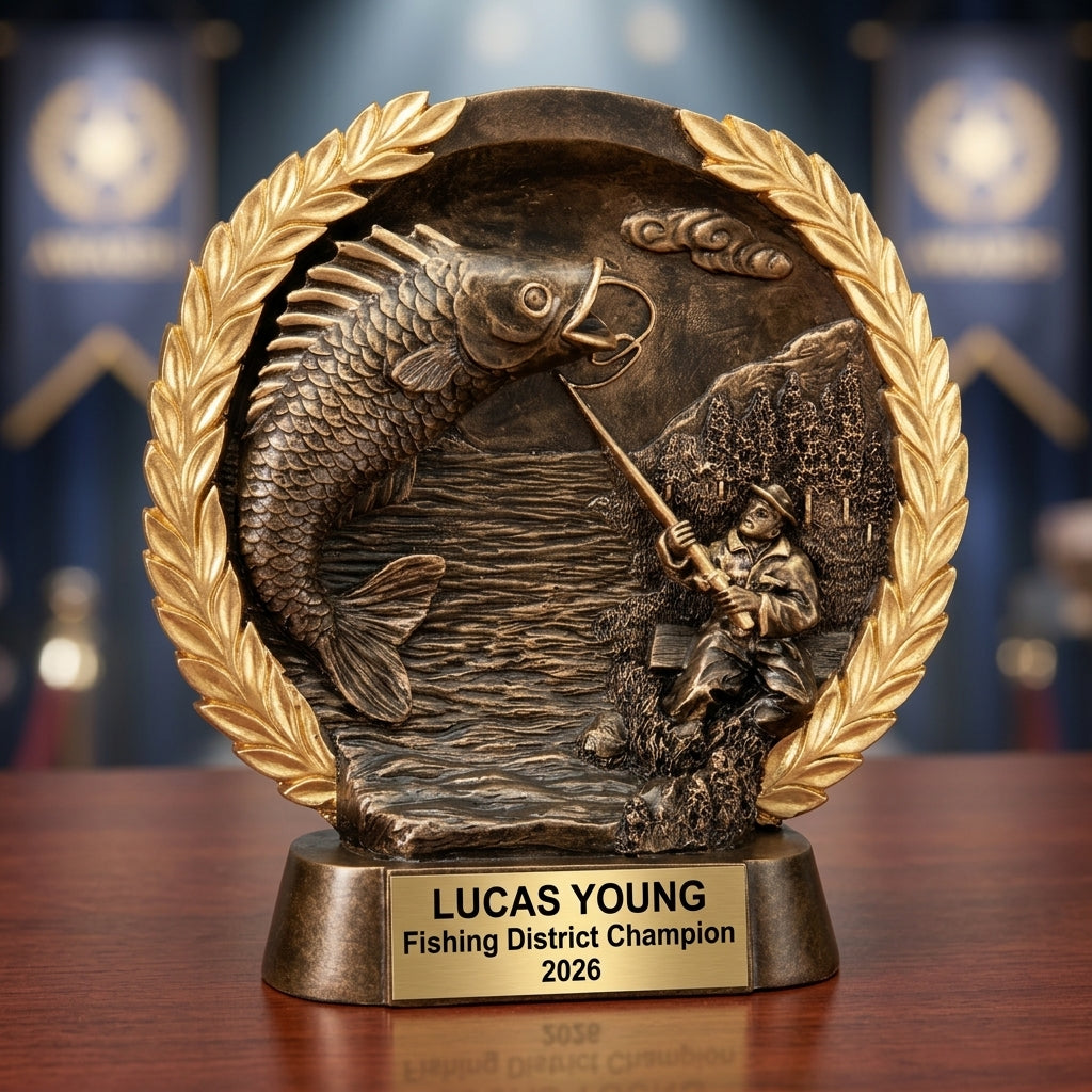 Fishing Trophy Award | Personalized | Custom Engraved | Fishing MVP | Gold Name Plate | Wood Unlimited - View 2