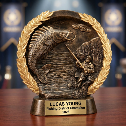 Fishing Trophy Award | Personalized | Custom Engraved | Fishing MVP | Gold Name Plate | Wood Unlimited - View 2