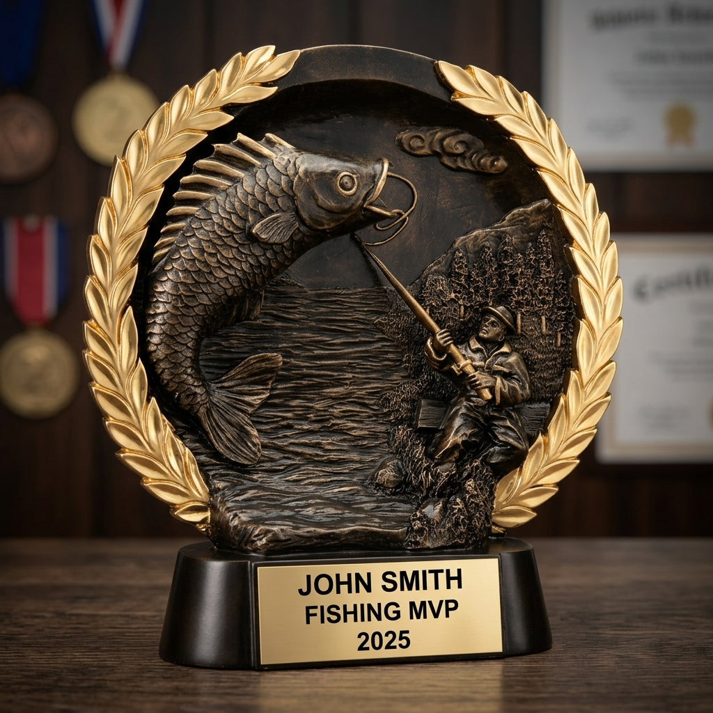 Fishing Trophy Award | Personalized | Custom Engraved | Fishing MVP | Gold Name Plate | Wood Unlimited - View 3