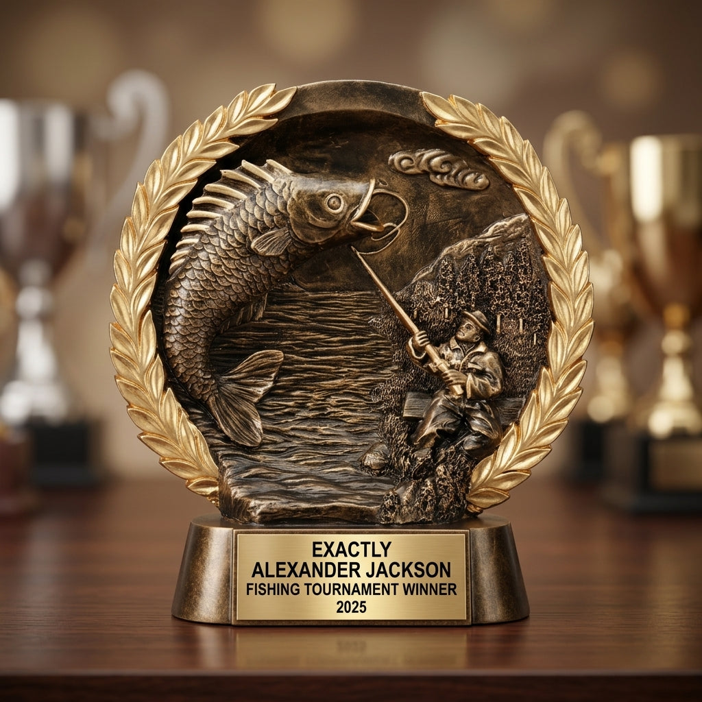 Fishing Trophy Award | Personalized | Custom Engraved | Fishing MVP | Gold Name Plate | Wood Unlimited - View 4
