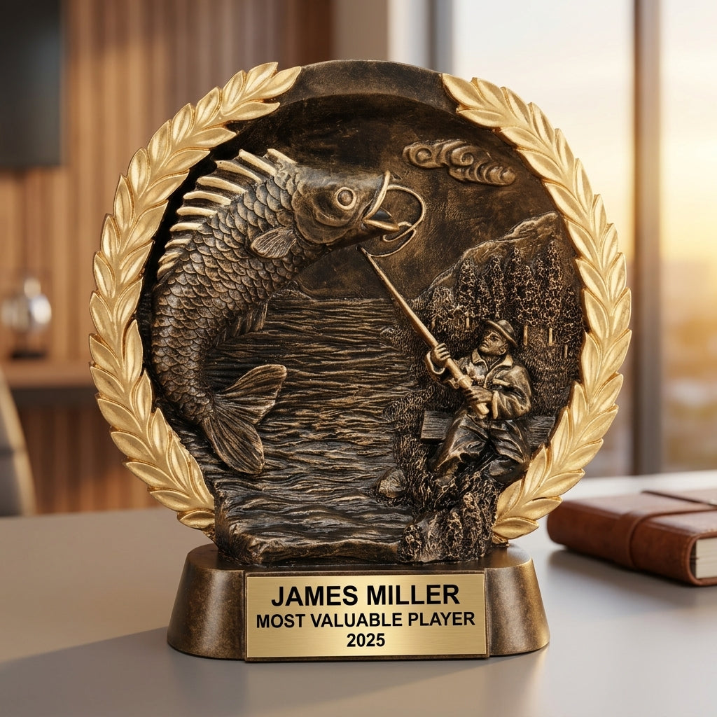 Fishing Trophy Award | Personalized | Custom Engraved | Fishing MVP | Gold Name Plate | Wood Unlimited - View 5