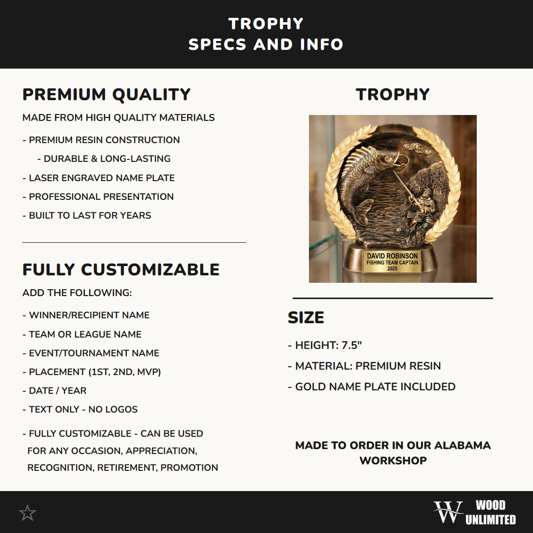 Personalized Fishing Trophy, Custom Engraved Fishing MVP Award, Tournament Gold Name Plate Gift