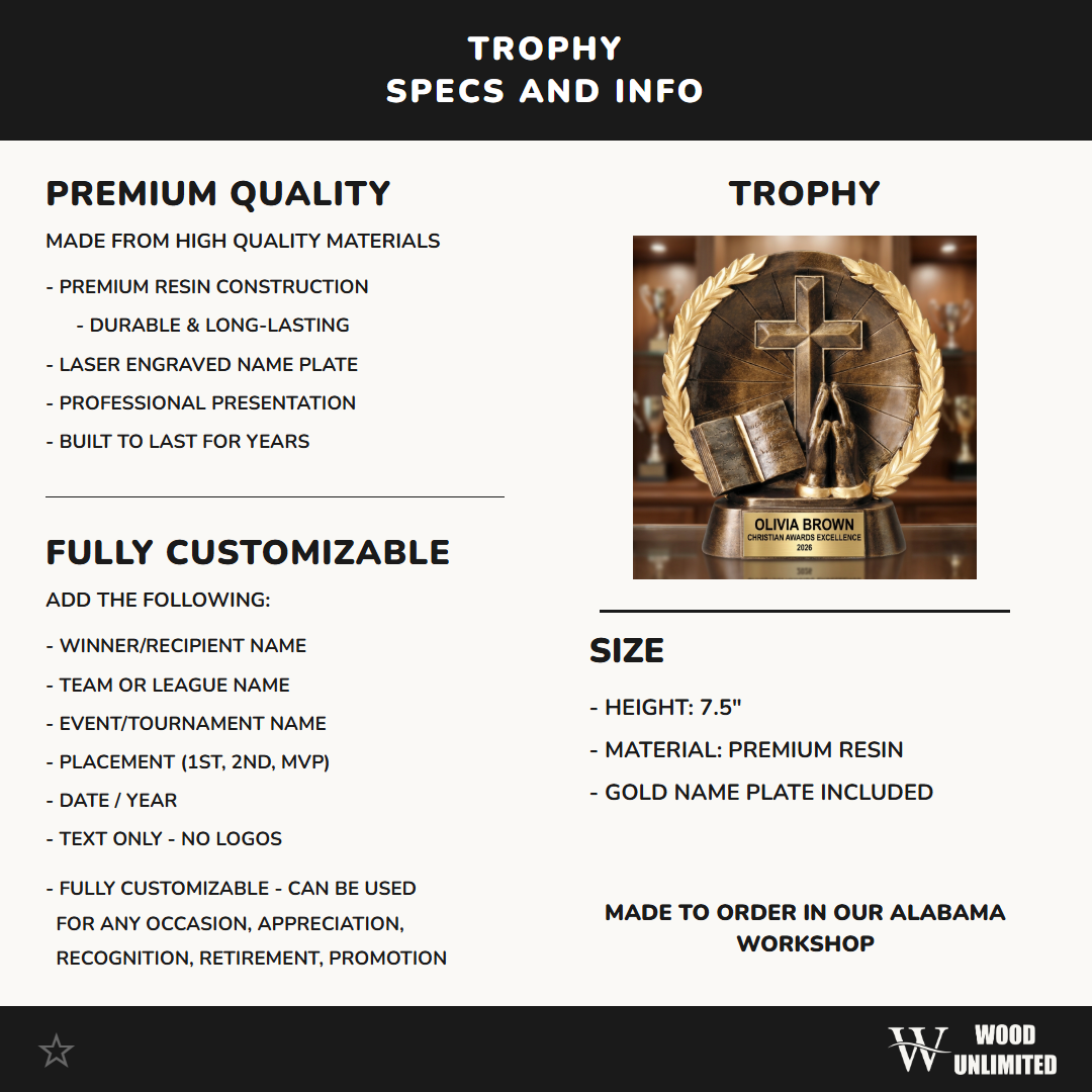 Religious Award - Personalized Christian Trophy - Custom Engraved Church Recognition - Cross Bible Praying Hands