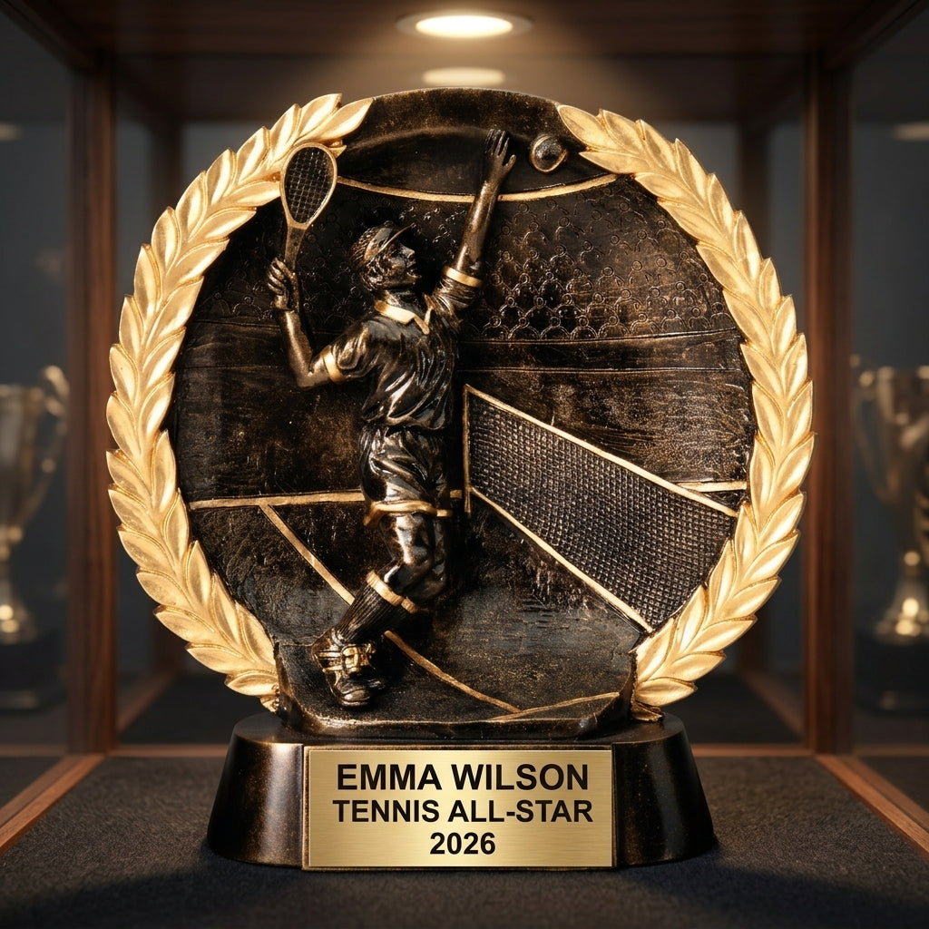 Tennis Trophy Award | Personalized | Custom Engraved | Tennis MVP | Gold Name Plate | Wood Unlimited - View 1