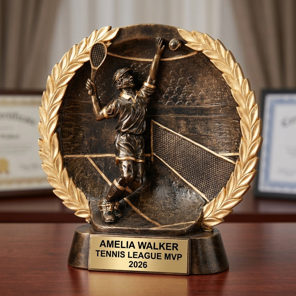 Tennis Trophy Award | Personalized | Custom Engraved | Tennis MVP | Gold Name Plate | Wood Unlimited - View 2