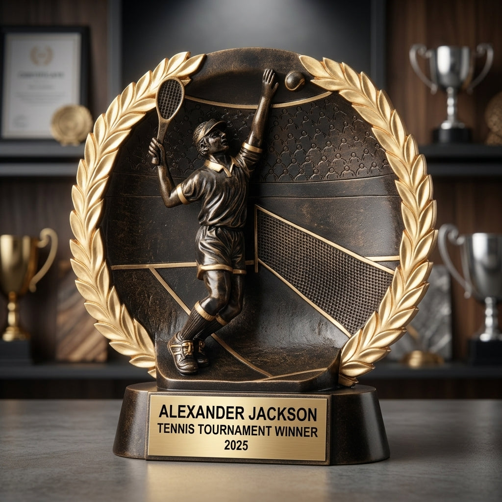Tennis Trophy Award | Personalized | Custom Engraved | Tennis MVP | Gold Name Plate | Wood Unlimited - View 3