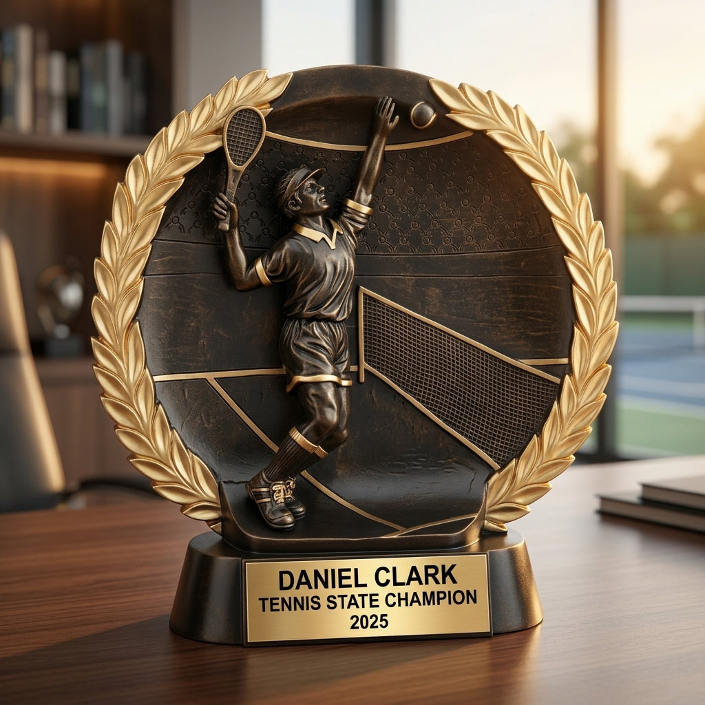 Tennis Trophy Award | Personalized | Custom Engraved | Tennis MVP | Gold Name Plate | Wood Unlimited - View 5